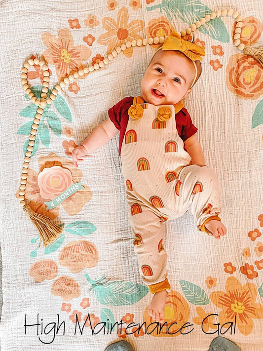 Rainbow overalls, Knotted overalls, Wild child outfit